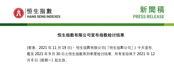 恒生指数公司季检结果：京东集团、网易等纳入恒指