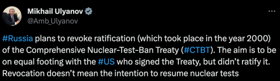 俄罗斯拟撤销对禁止核试验条约的批准 克宫：不意味着将会开展核试验