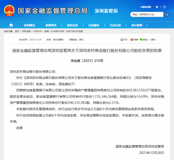 果然增持！星展银行成为深圳农商行第一大股东两年后再次出手，持股比例升至16.69%