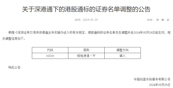 极兔速递-W(01519)获调入深港通下的港股通 今日起生效