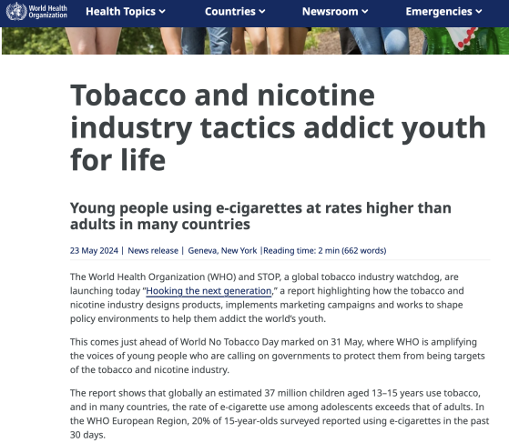 世卫组织向烟草业“开炮”：正在通过电子烟让青少年上瘾！