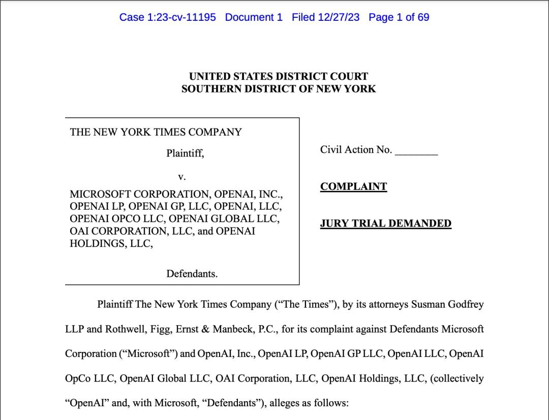 《纽约时报》向OpenAI和微软提起诉讼