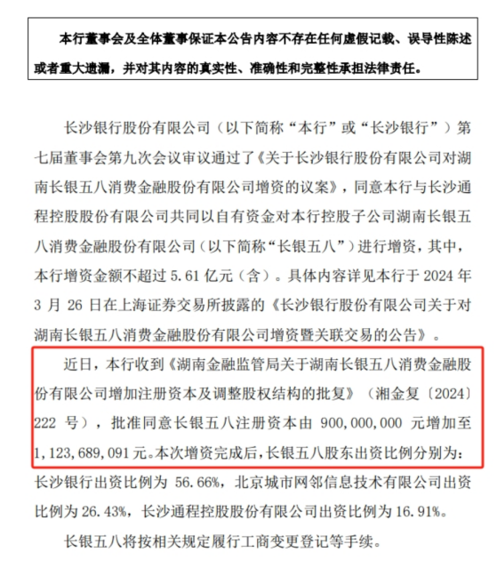 上半年净利下滑66%后，长银五八增资计划终落地，长沙银行持股比例上升