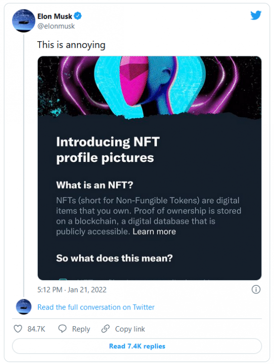 马斯克痛斥推特(TWTR.US)NFT头像功能“很烦人”
