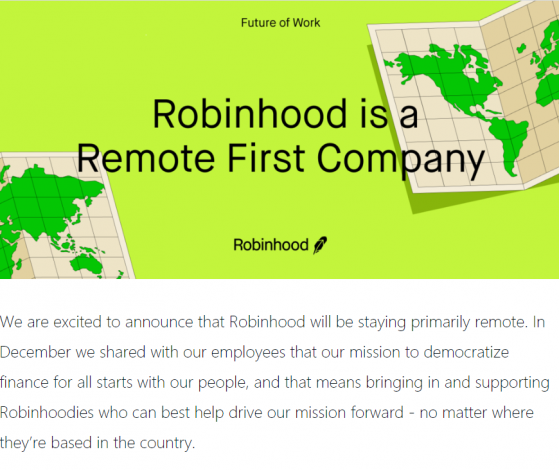 Robinhood：大多数公司员工将永久维持远程办公状态
