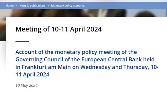 欧洲央行4月会议纪要：决策者对通胀前景充满信心 已准备好在6月降息
