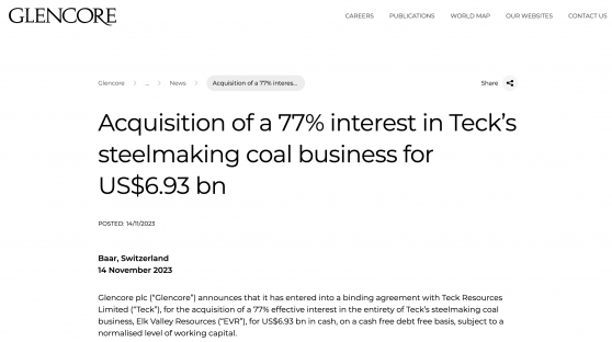 90亿美元！嘉能可将牵头收购泰克资源煤炭业务