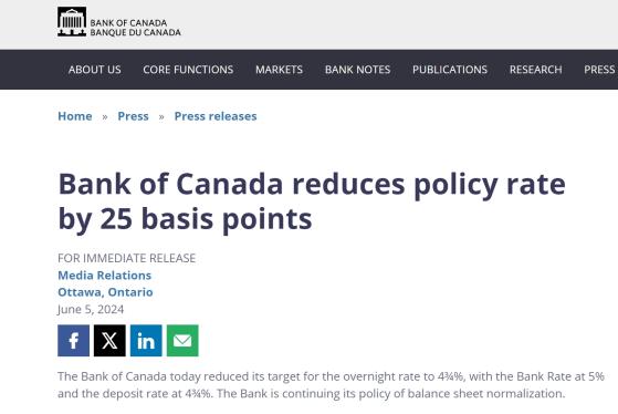 “G7国家首降”果然来了！加拿大央行如期宣布降息25个基点