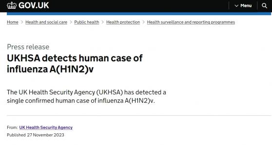 不太常见！英国当局报告该国首例人感染A(H1N2)v类猪流感病毒案例