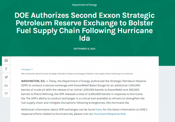 “艾达”影响挥之不去 美能源部批准向埃克森再出借150万桶战略油储