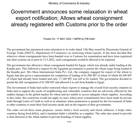 印度政府发文宣布放松小麦出口禁令 将回应外国政府“粮食安全”请求
