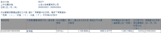 执行董事兼副总裁李海枫减持北控水务集团(00371)112.6万股 每股作价约2.42港元