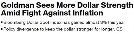 高盛：全球央行货币政策将现分歧，美元将进一步走强