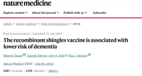 这俩还有关系？多项研究显示带状疱疹疫苗有助于降低痴呆风险