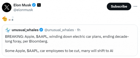 重磅！苹果(AAPL.US)放弃电动汽车项目 马斯克和投资者都松了一口气