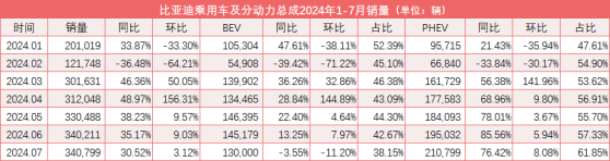 纯电车型7月再现同环比双降、插混占比首超六成 DM技术或成比亚迪实现全年目标关键