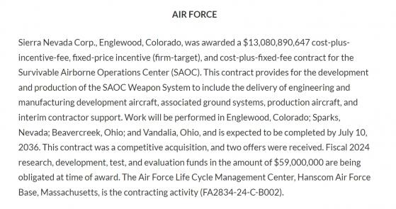美军投入130亿美元开发新一代“末日飞机” 主要用于核战争等极端情况