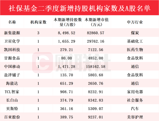 社保基金最新投资路线图出炉：新进11只个股前十大流通股东榜，新集能源获增持家数最多