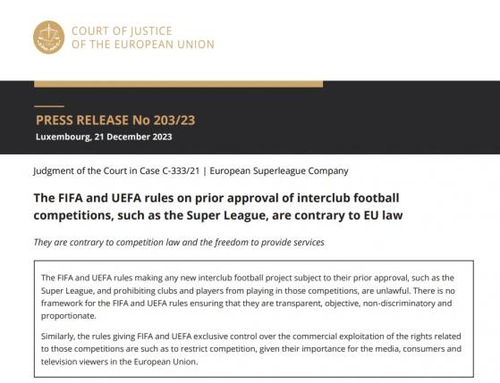 足球商业版图风暴将至？欧洲法院裁定欧足联阻挠“欧超联赛”非法