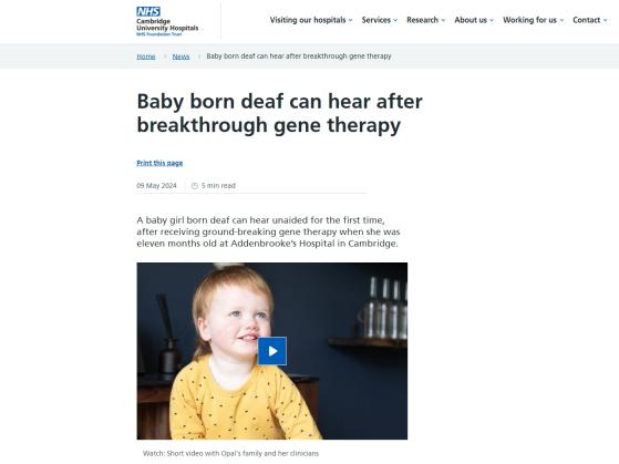 基因疗法又获突破 英国一岁半先天性耳聋女婴已能听到“轻声低语”